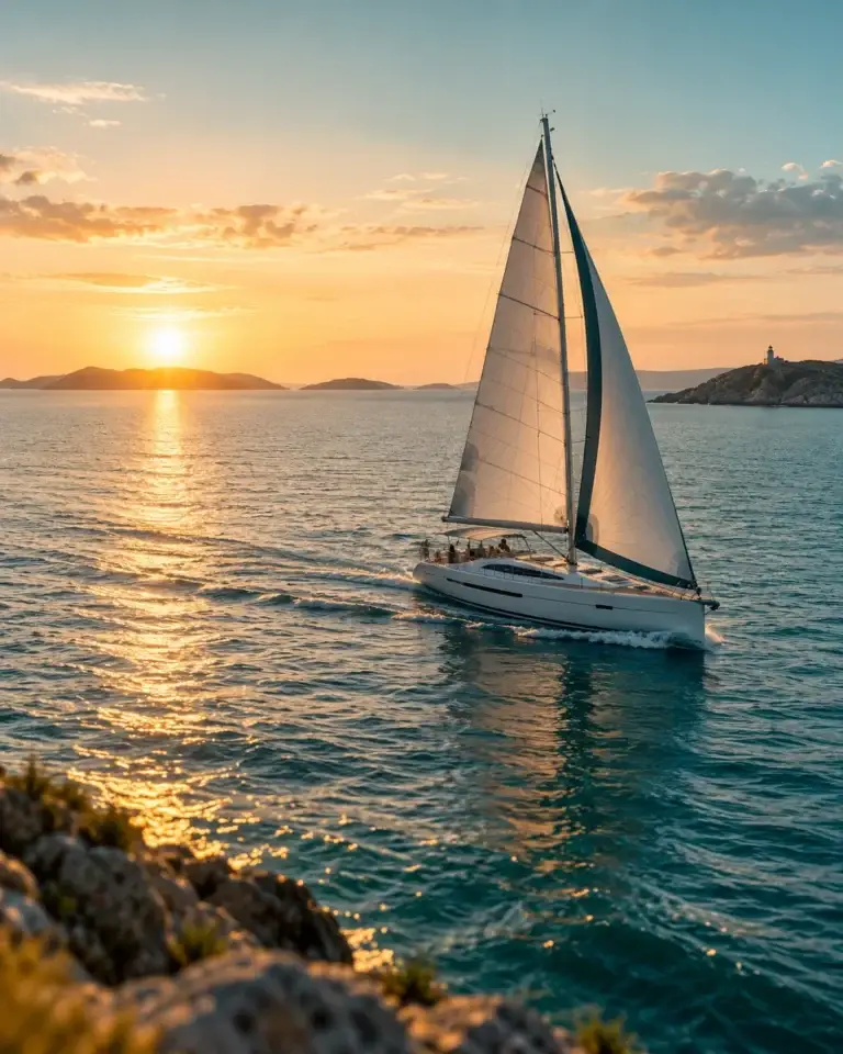 Sfeervolle zeilboot op open zee tijdens zonsondergang als maritieme inspiratie van Amphitrite.