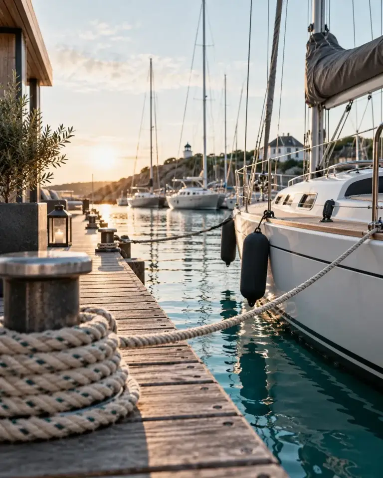 Rustige jachthaven met boten, steiger en helder water in een stijlvolle maritieme sfeer van Amphitrite.