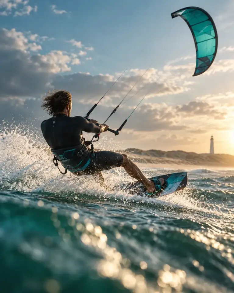 Dynamische kitesurfer op zee bij gouden avondlicht als sportieve watersportbeleving van Amphitrite.