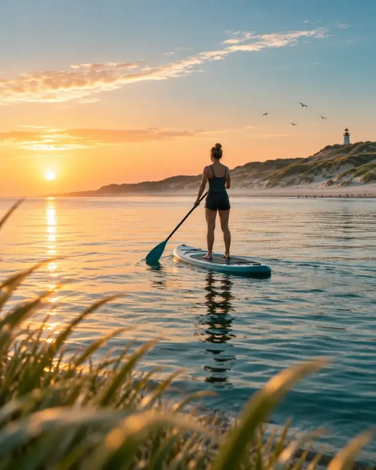 Persoon op supboard op kalm water langs de kust tijdens zonsondergang in de lifestyle sfeer van Amphitrite.