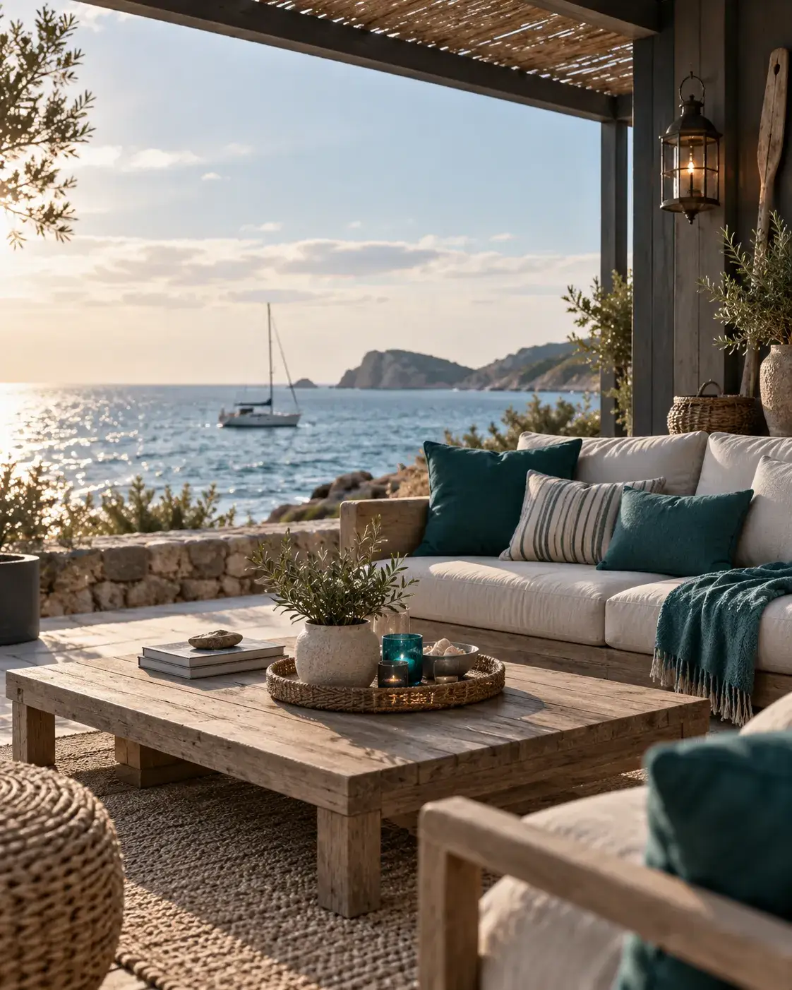 Gezellige lounge aan zee met houten meubels en uitzicht op het water als ontspannen maritieme wooninspiratie van Amphitrite.