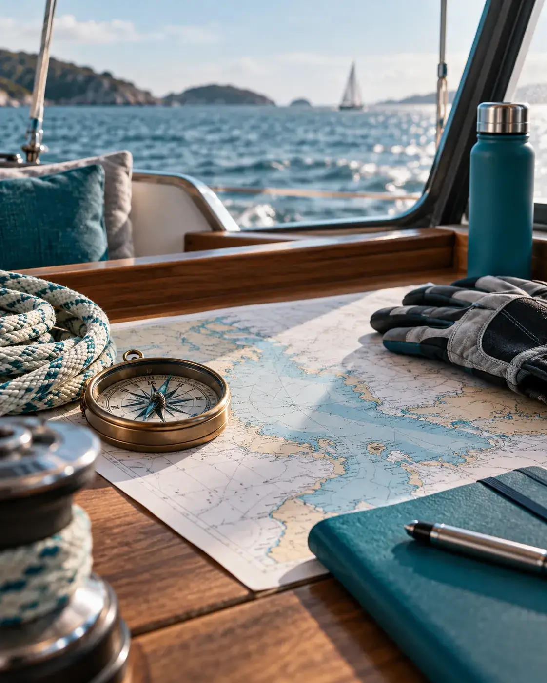 Over ons van Amphitrite met nautische kaart, kompas en zeiluitrusting als symbool voor maritieme kennis en voorbereiding.