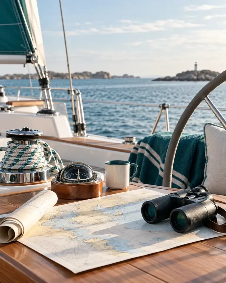 Faq van Amphitrite met een nautische kaart, verrekijker, kompas en rustige zee als stijlvolle maritieme inspiratie.