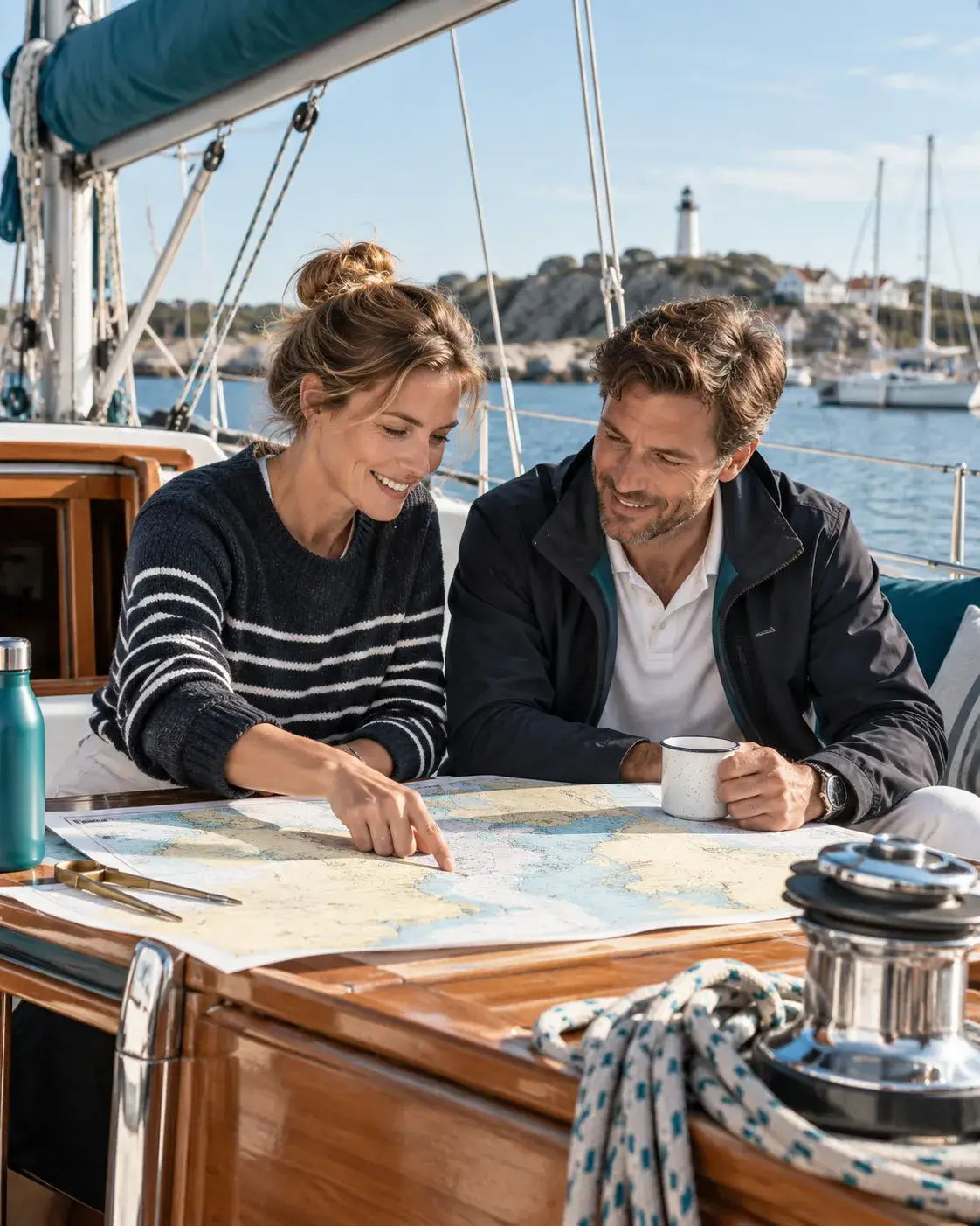 Registreer bij Amphitrite met twee mensen op een zeilboot die samen een route plannen, omringd door nautische details en een ontspannen maritieme sfeer.